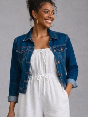 Kensie Jeans Vintage LUXE Indigo Blue Denim Jacket with Copper Buttons Small NEW